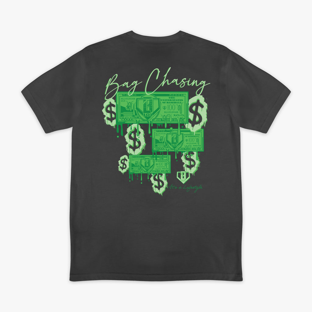 Black t-shirt with 'Bag Chasing' text and green dollar bill dripping graphic on a white background