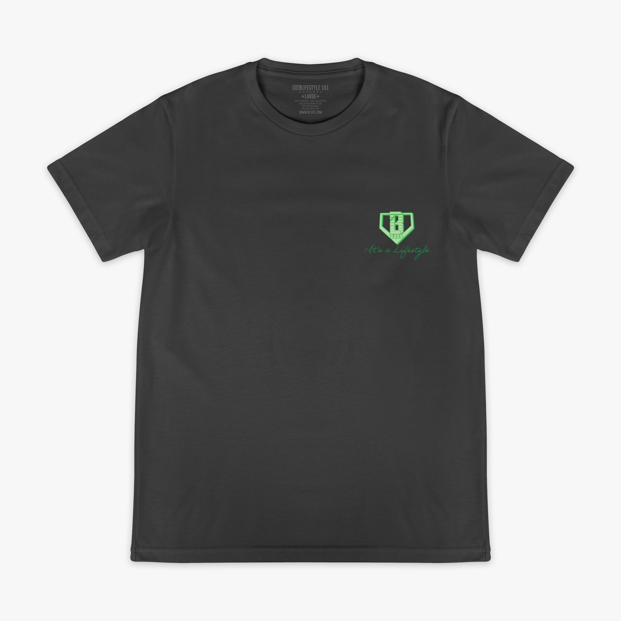 Gray t-shirt with green BL101 logo with 'Bag chasing' text