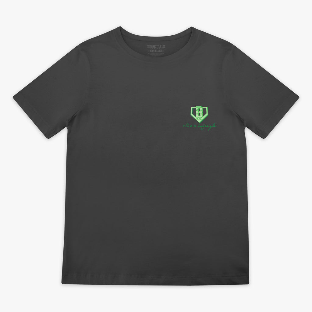 Gray t-shirt with green BL101 logo with 'Bag chasing' text