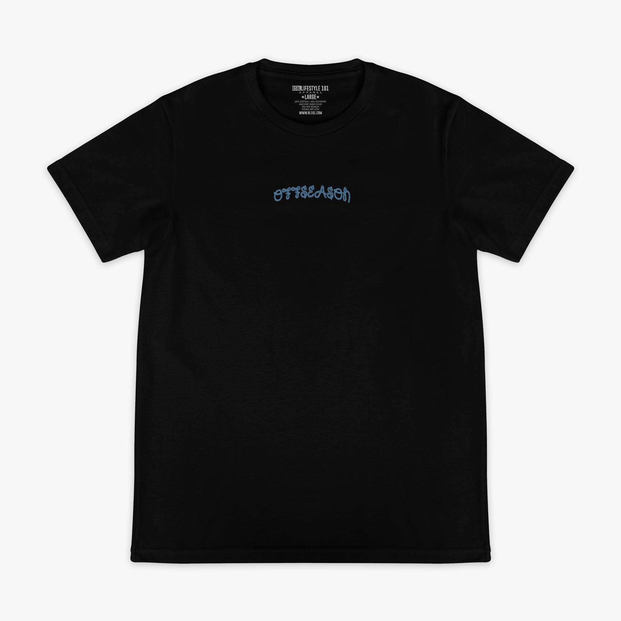 Black t-shirt with 'OFFSEASON' logo on the chest against a white background