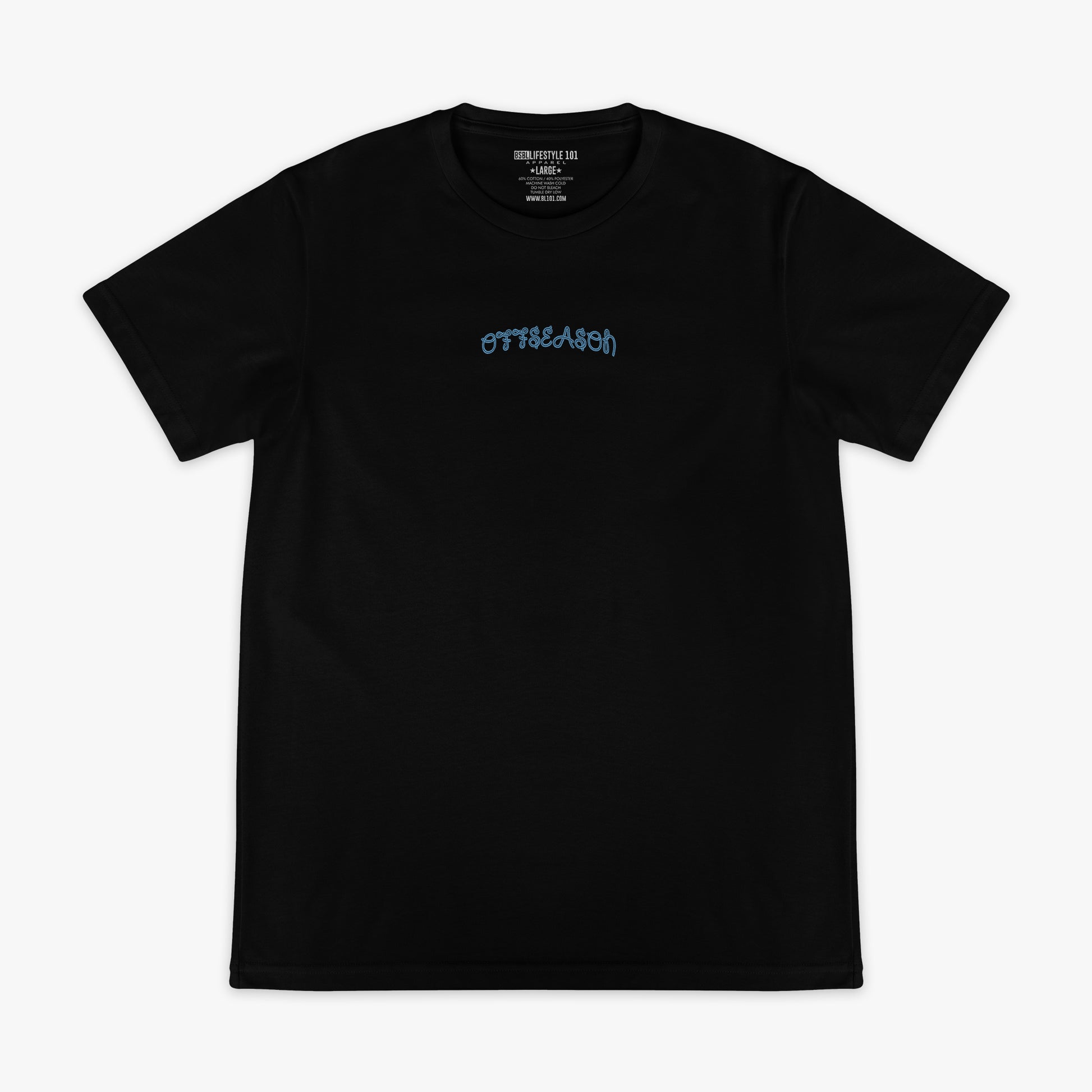 Black t-shirt with 'OFFSEASON' logo on the chest against a white background