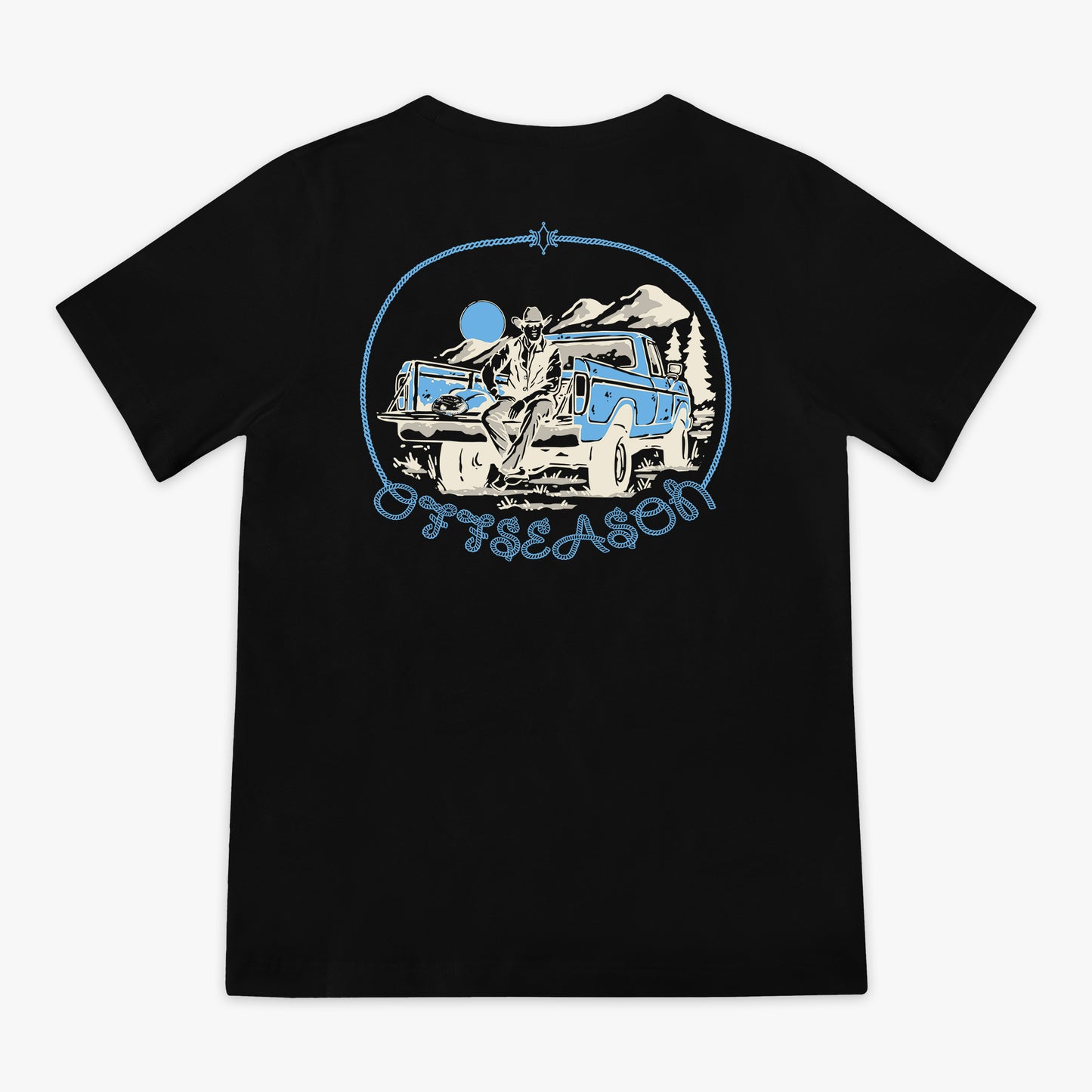 Black t-shirt with a graphic design on the back featuring a truck and mountains, with 'Offseason' text.