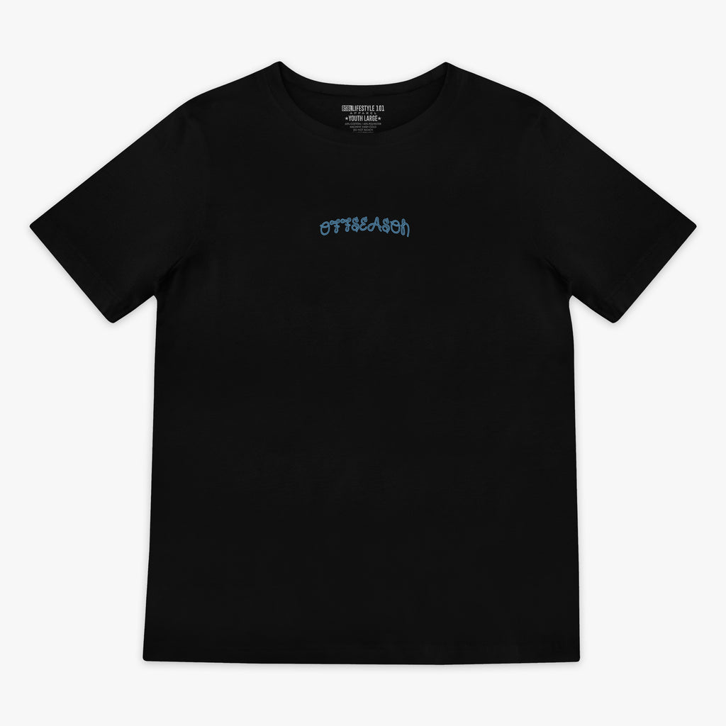 Black t-shirt with a small 'OFFSEASON' logo on a white background