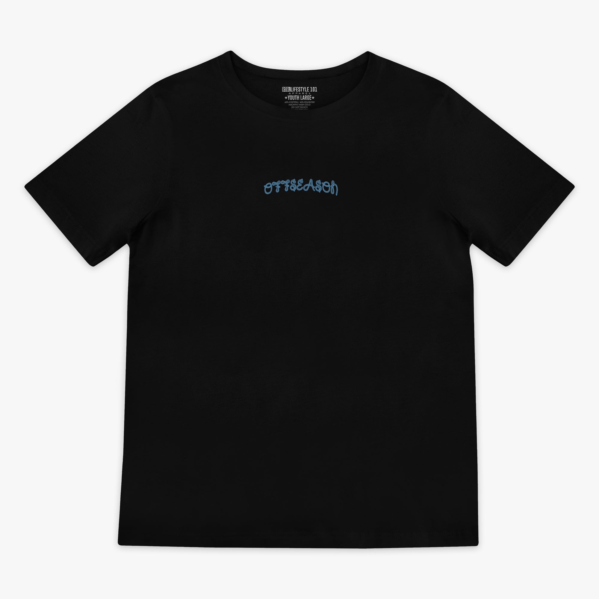 Black t-shirt with a small 'OFFSEASON' logo on a white background
