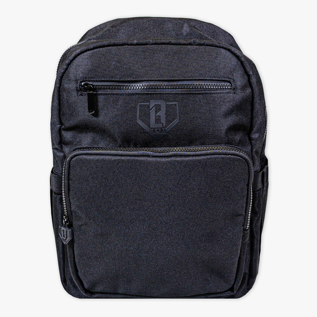 Adult model wearing black backpack with "Rotation" design