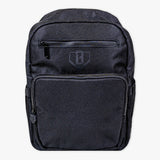 Adult model wearing black backpack with "Rotation" design