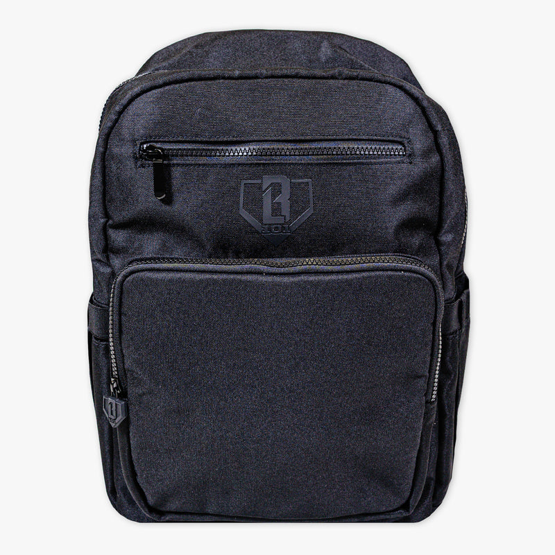 Adult model wearing black backpack with "Rotation" design