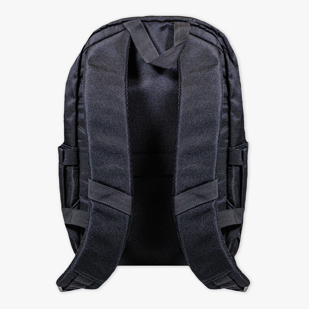 Adult model wearing black backpack with "Rotation" design