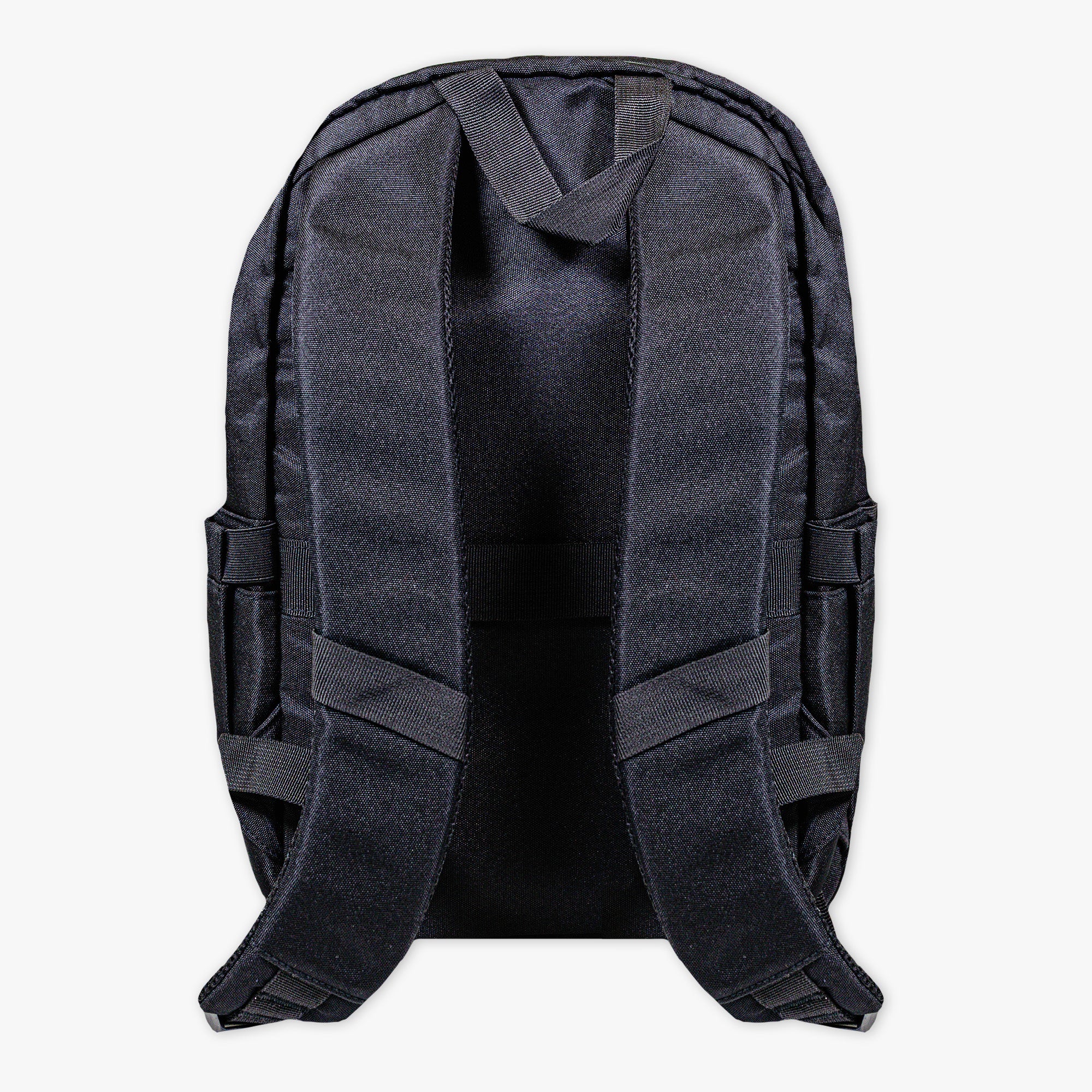 Adult model wearing black backpack with "Rotation" design