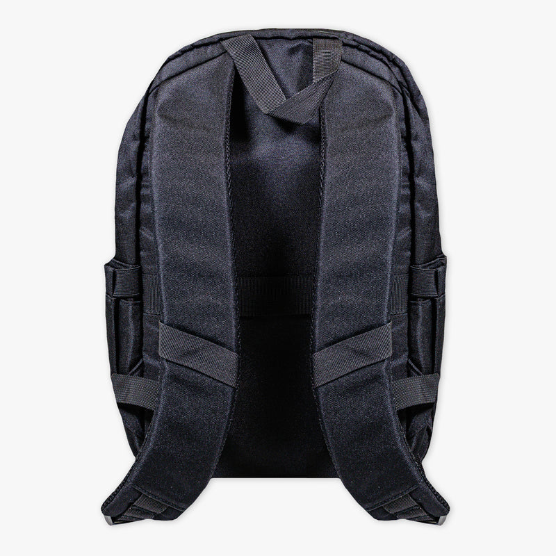 Adult model wearing black backpack with "Rotation" design