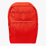 Red backpack with a logo on a white background