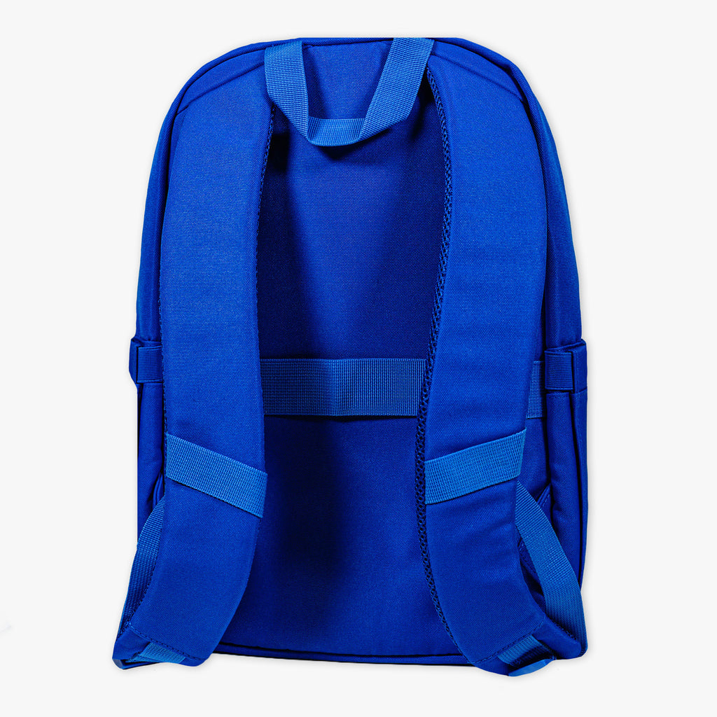 Adult model wearing blue backpack with "Rotation" design