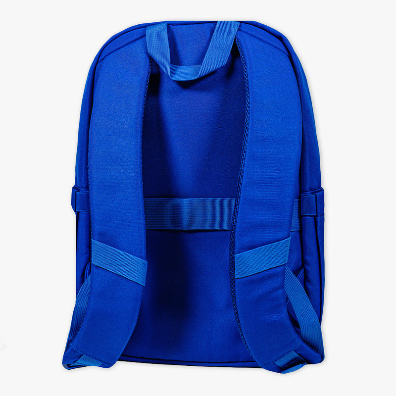 Adult model wearing blue backpack with "Rotation" design