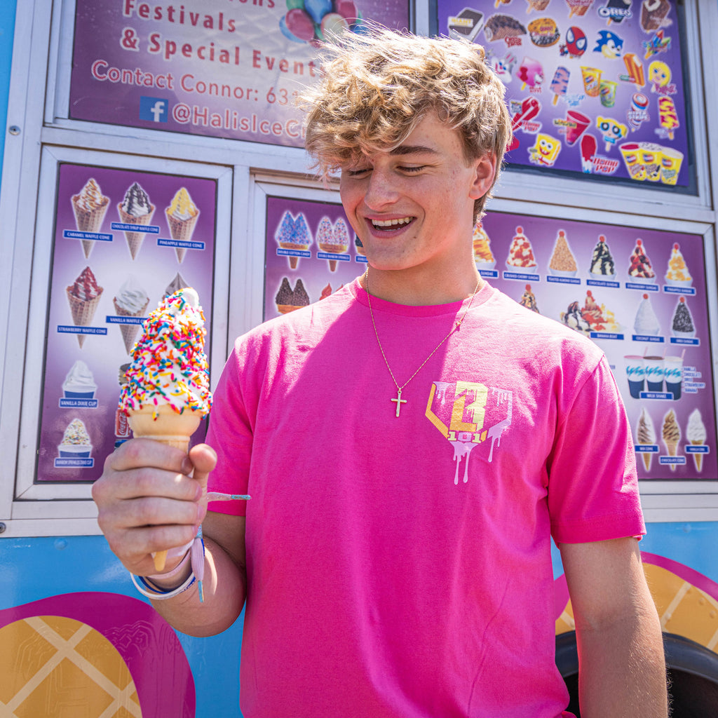 Adult model wearing pink Ice Cream Strawberry Banana graphic tee
