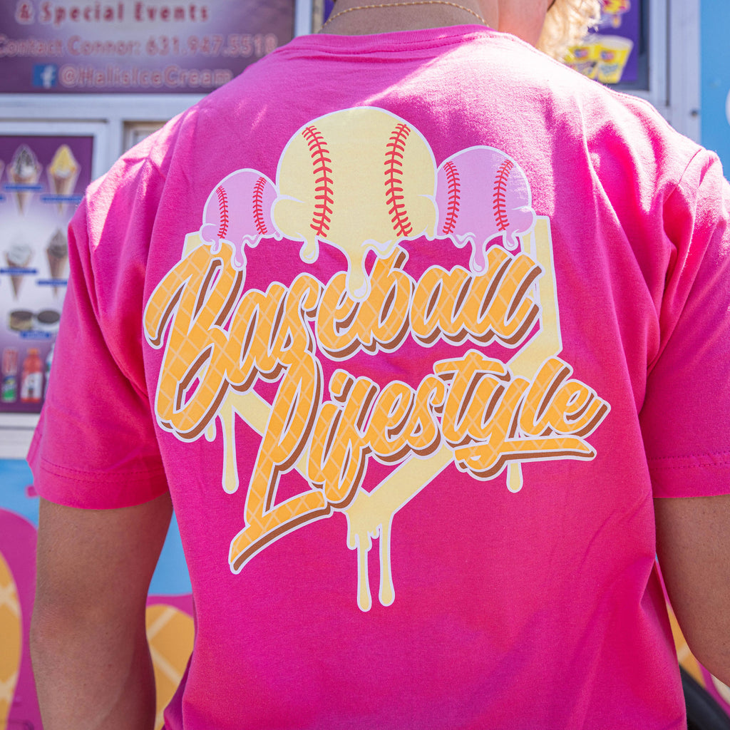 Adult model wearing pink Ice Cream Strawberry Banana graphic tee