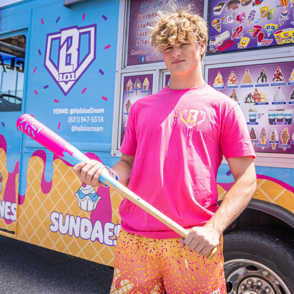 Adult model wearing pink Ice Cream Strawberry Banana graphic tee