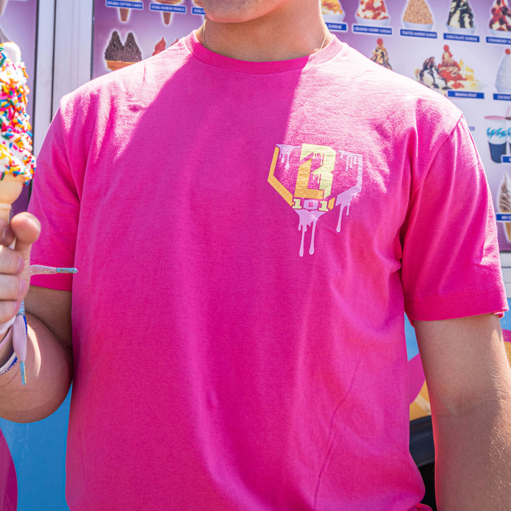Adult model wearing pink Ice Cream Strawberry Banana graphic tee