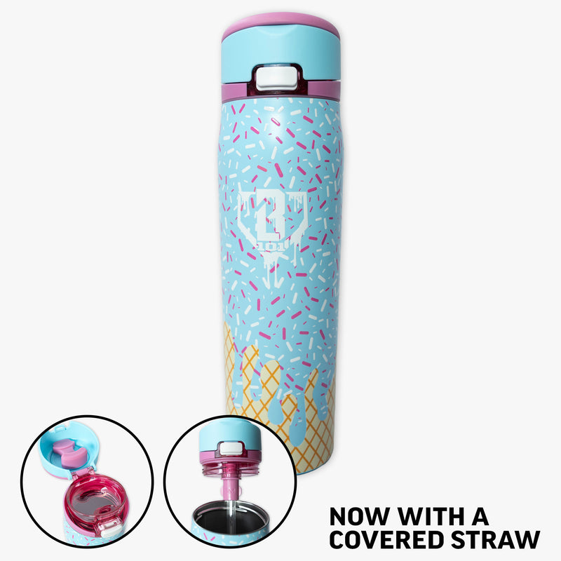 Blue Mesa Loop water bottle with covered straw — Cotton Candy Ice Cream, straw detail view