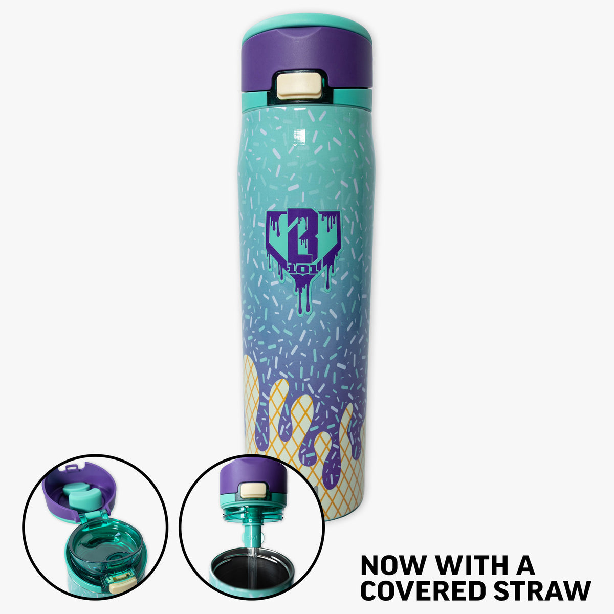 Multi-Color Mesa Loop water bottle with covered straw — Galaxy Grape Ice Cream, straw detail view
