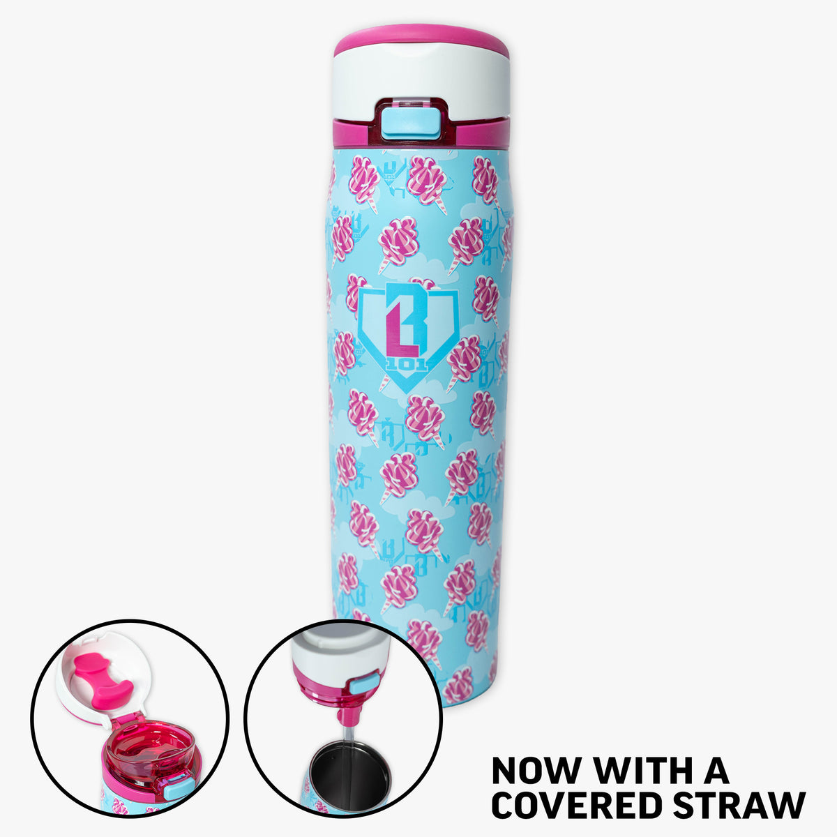 Blue Mesa Loop water bottle with covered straw — Home Run Sugar, straw detail view