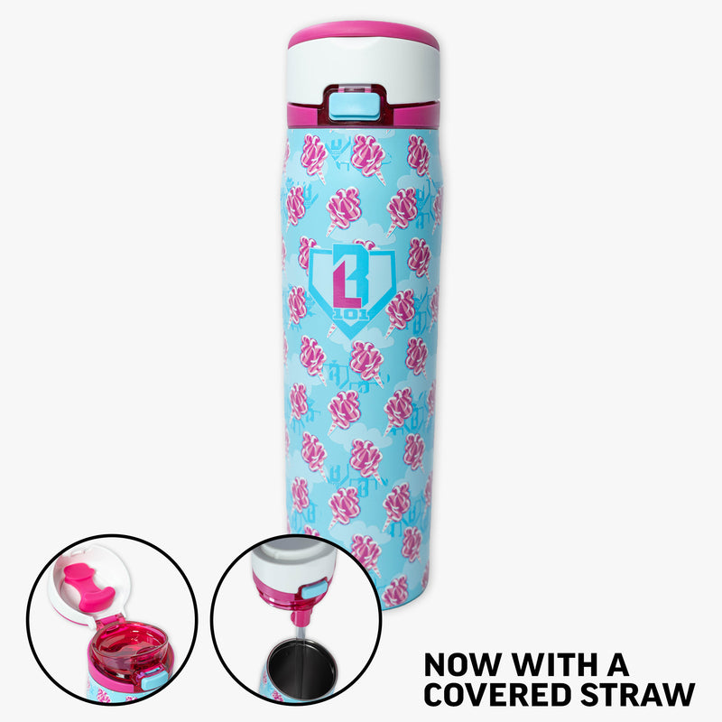 Blue Mesa Loop water bottle with covered straw — Home Run Sugar, straw detail view