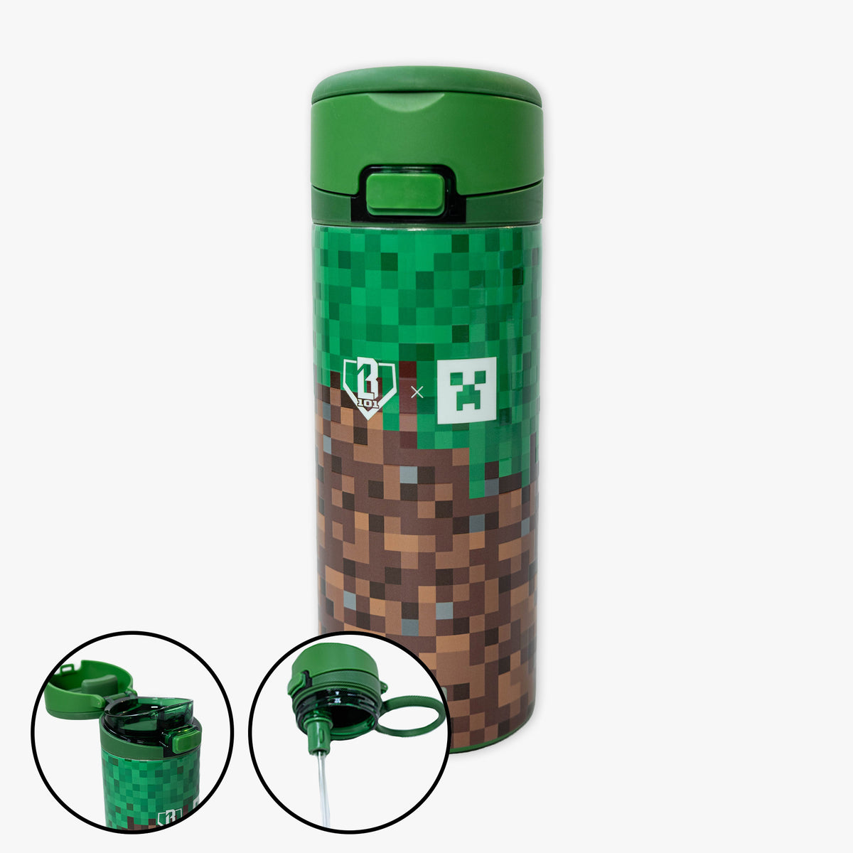 Multi-Color Mesa Loop Minecraft Grass Block water bottle with covered straw — straw detail view
