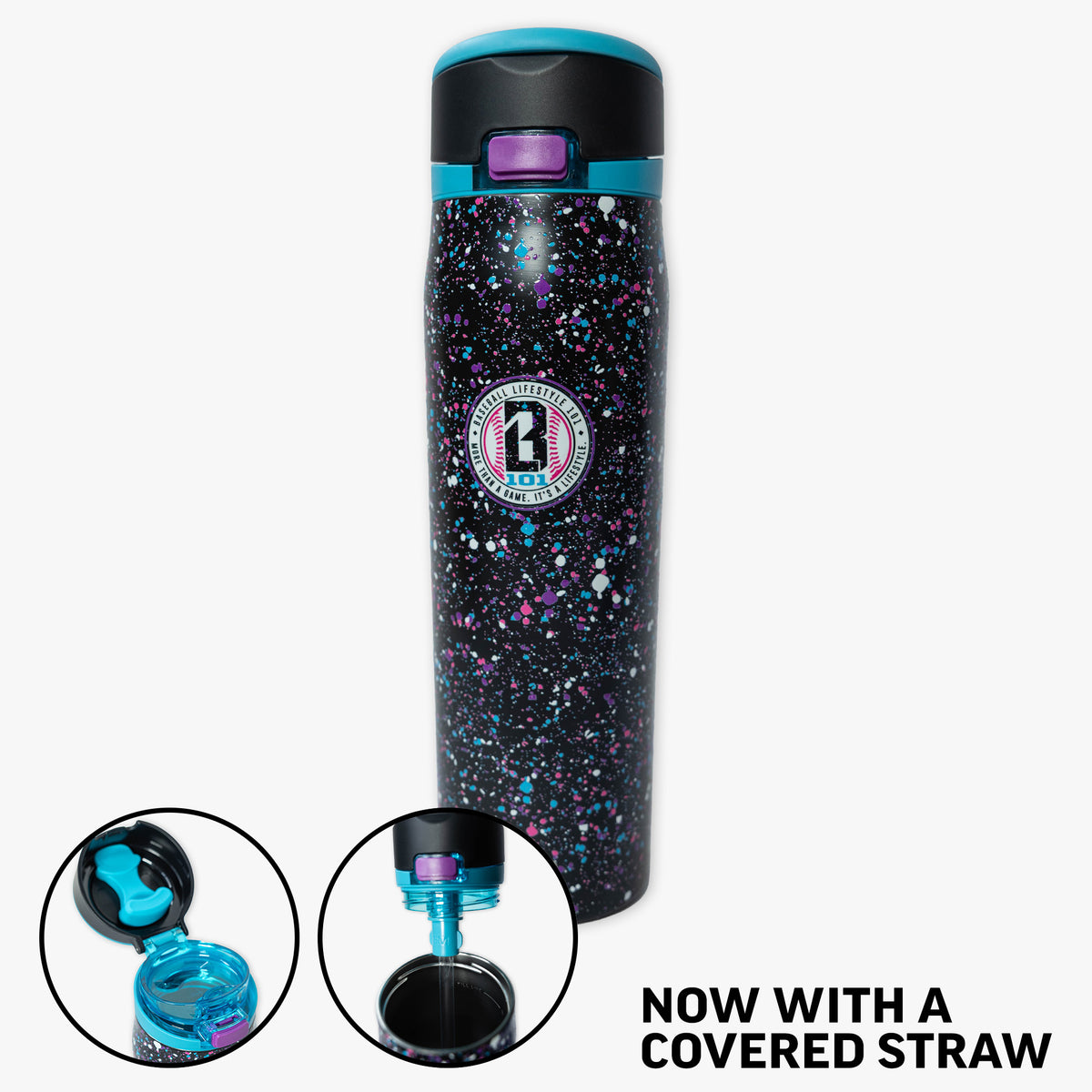 Black Mesa Loop water bottle with covered straw — Splatter Galaxy, straw detail view