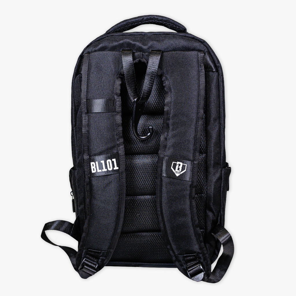 Adult model wearing black backpack with "SZN 2" design