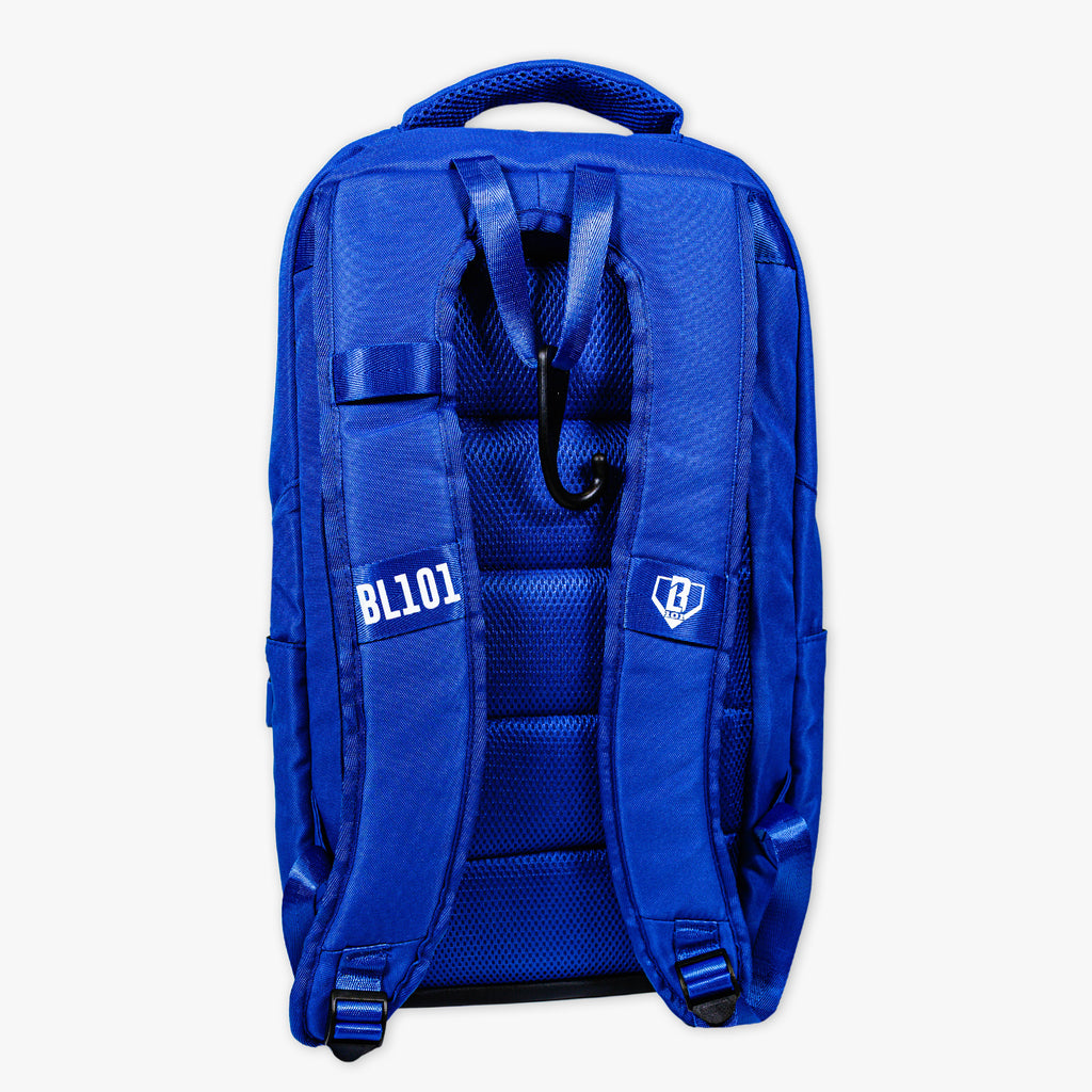 Adult model wearing blue backpack with "SZN 2" design