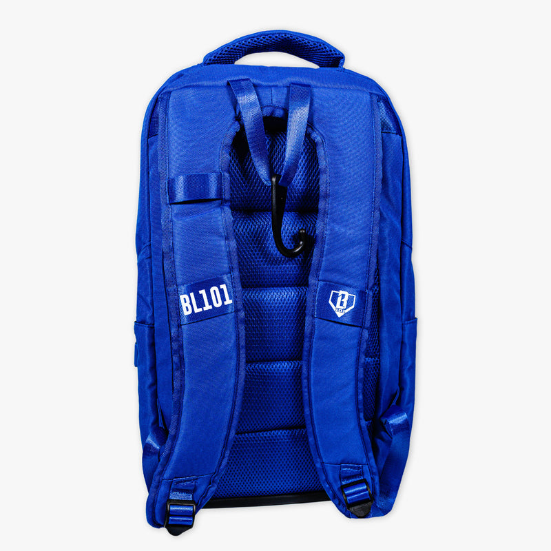 Adult model wearing blue backpack with "SZN 2" design