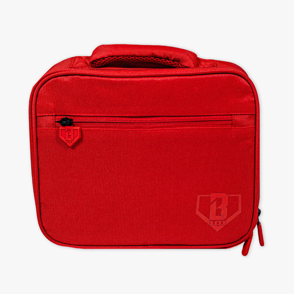 Adult model wearing red lunch box with "SZN 2" design
