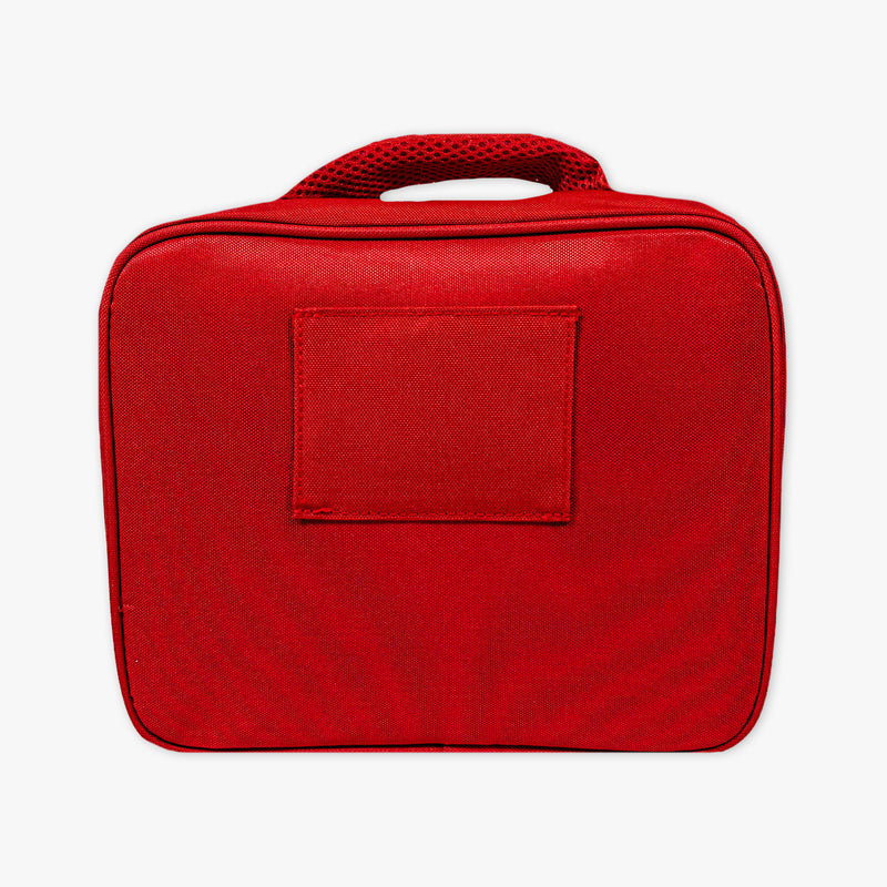Adult model wearing red lunch box with "SZN 2" design