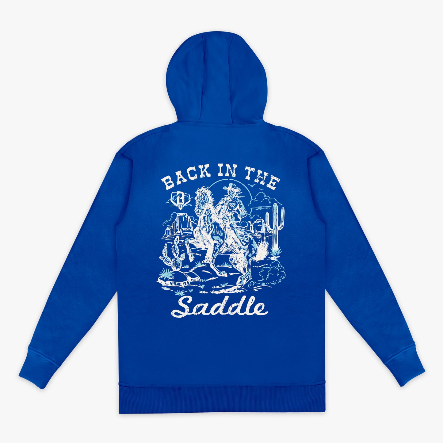 Blue hoodie with white graphic and text on a white background
