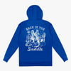 Blue hoodie with white graphic and text on a white background