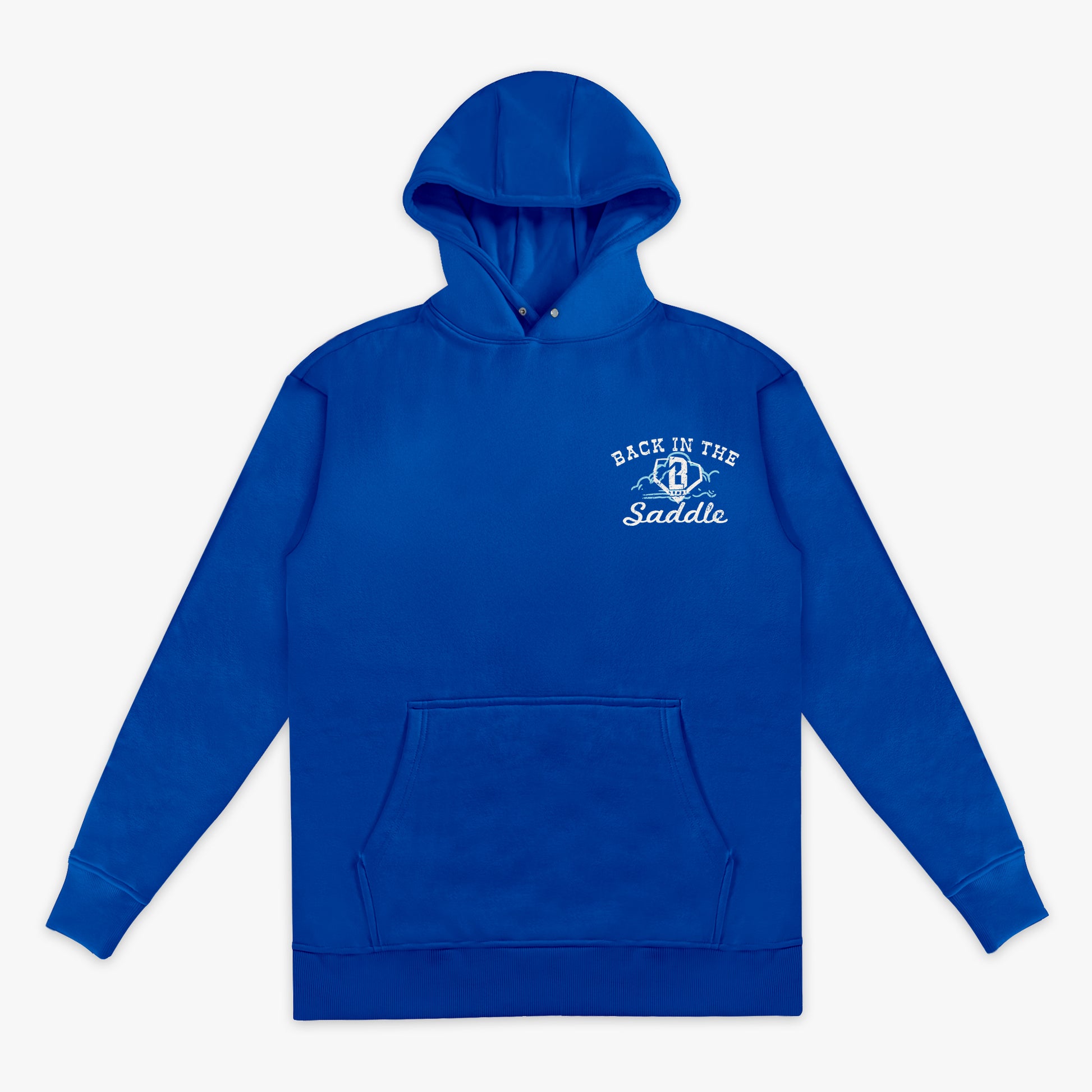Blue hoodie with 'Back in the Saddle' logo on a white background