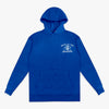 Blue hoodie with 'Back in the Saddle' logo on a white background