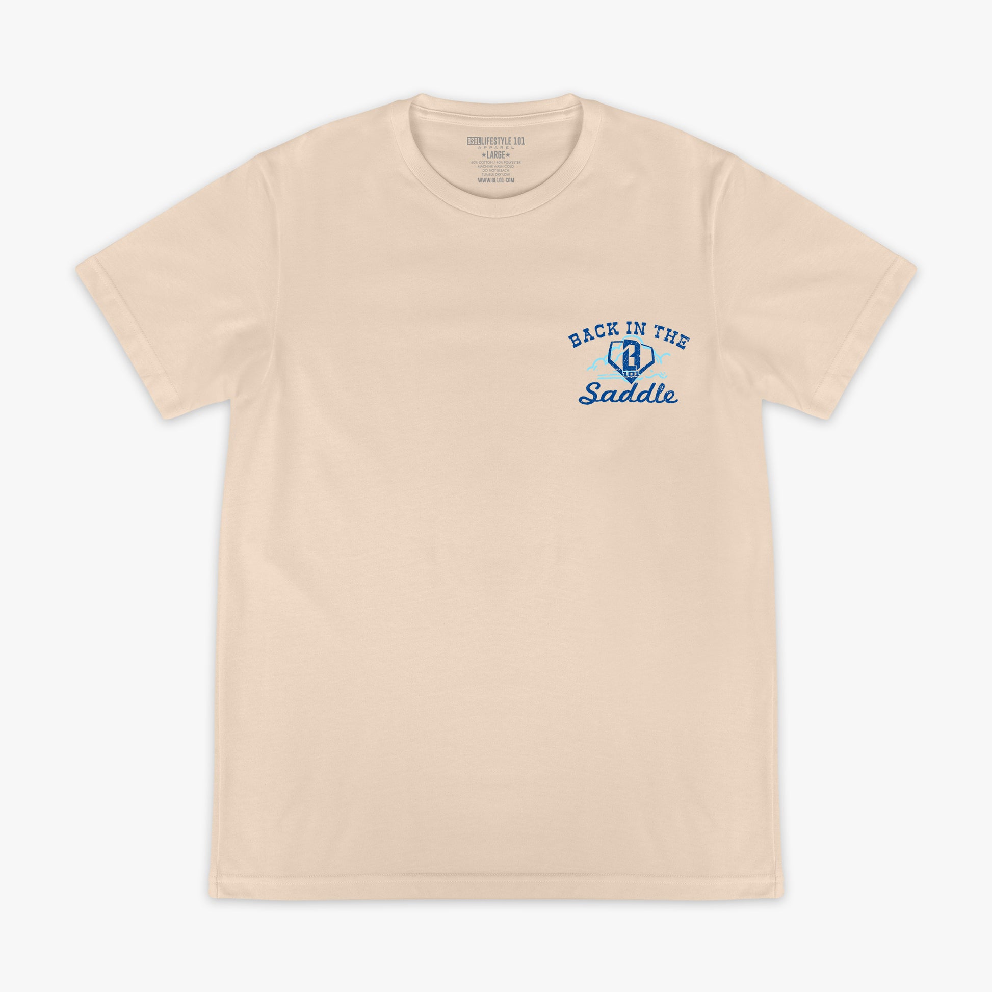 Beige t-shirt with 'Back in the Saddle' text and BL101 logo on a white background