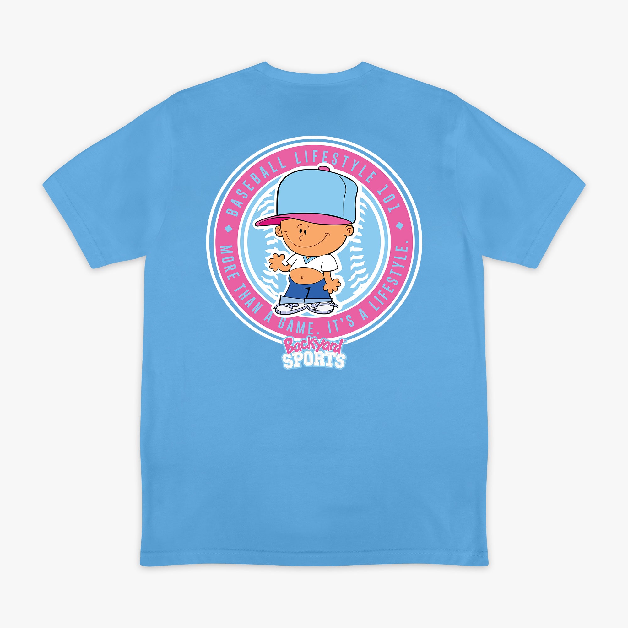 Blue t-shirt with cartoon Pablo Sanchez character and 'Baseball Lifestyle 101' 'Backyard Sports' text on the back