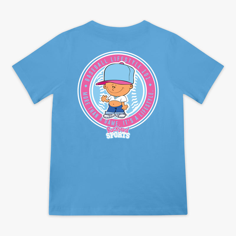 Blue t-shirt with cartoon Pablo Sanchez character and 'Baseball Lifestyle 101' 'Backyard Sports' text on the back