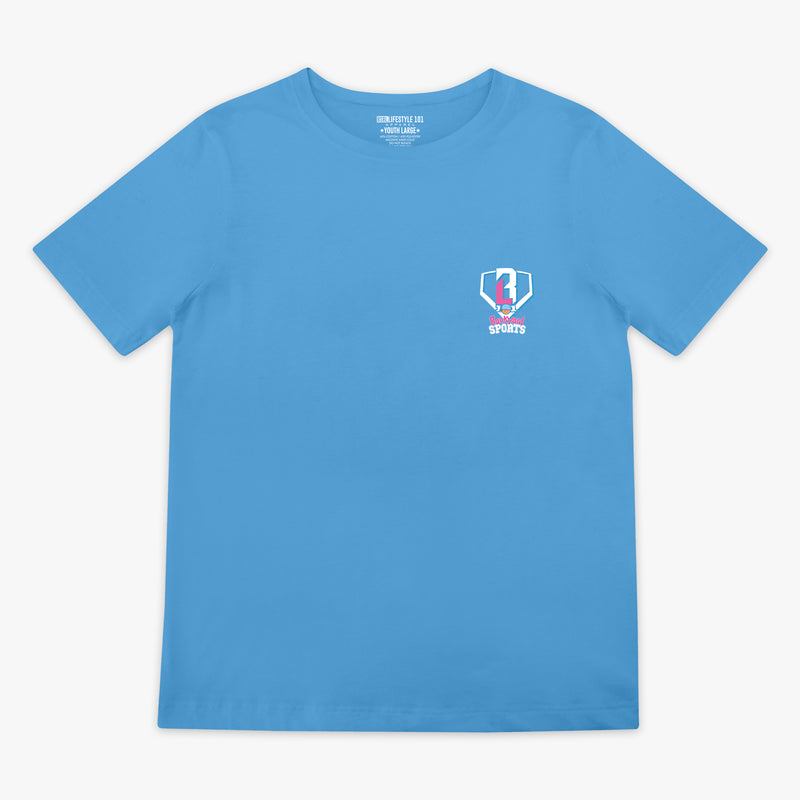 Blue t-shirt with a BL101 Backyard Sports logo on the chest against a white background