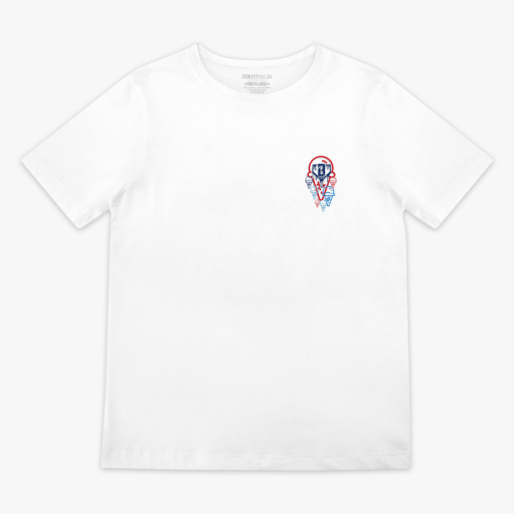 White baseball tee youth, red, white, and blue ice cream