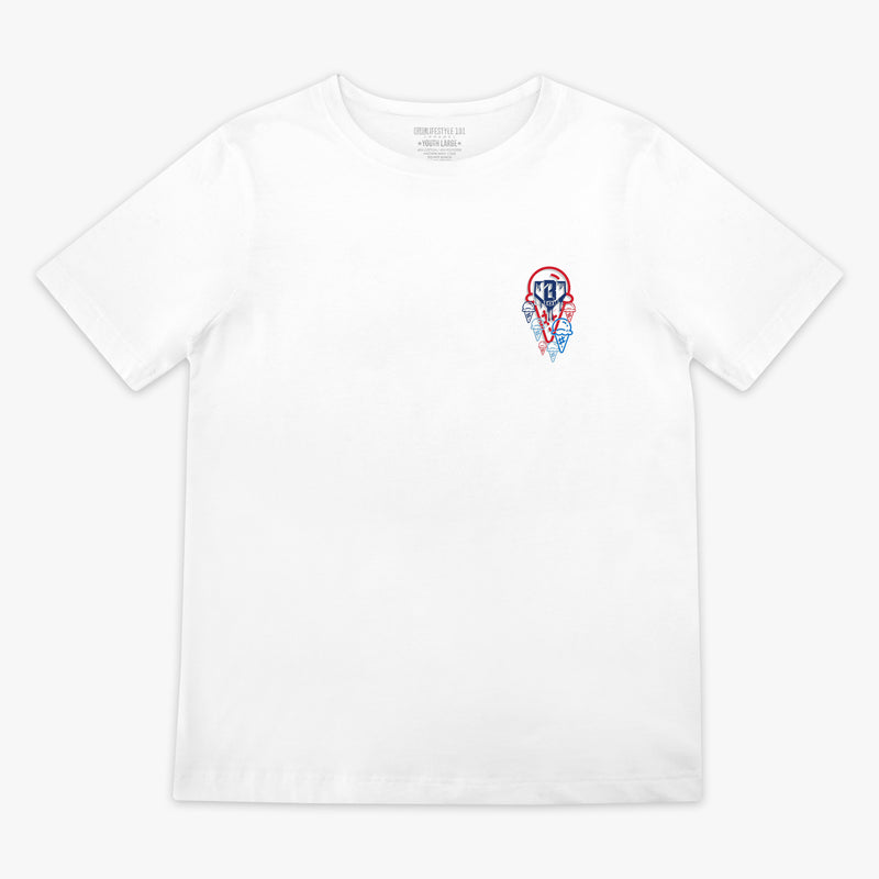White baseball tee youth, red, white, and blue ice cream