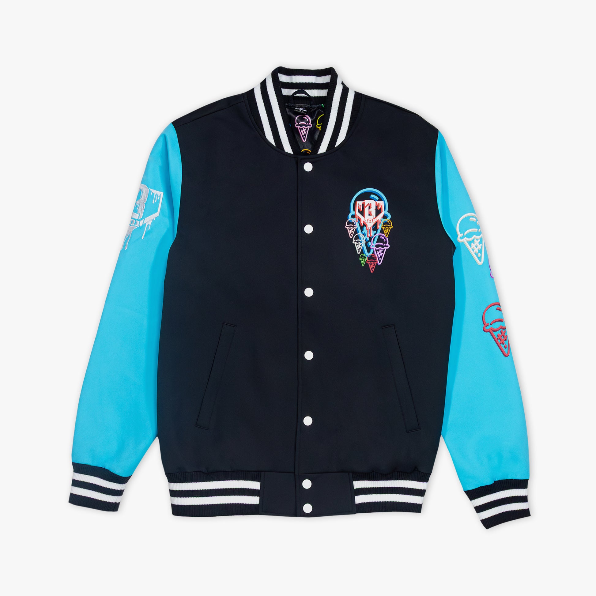 Black and blue varsity jacket with colorful ice cream cones on a white background