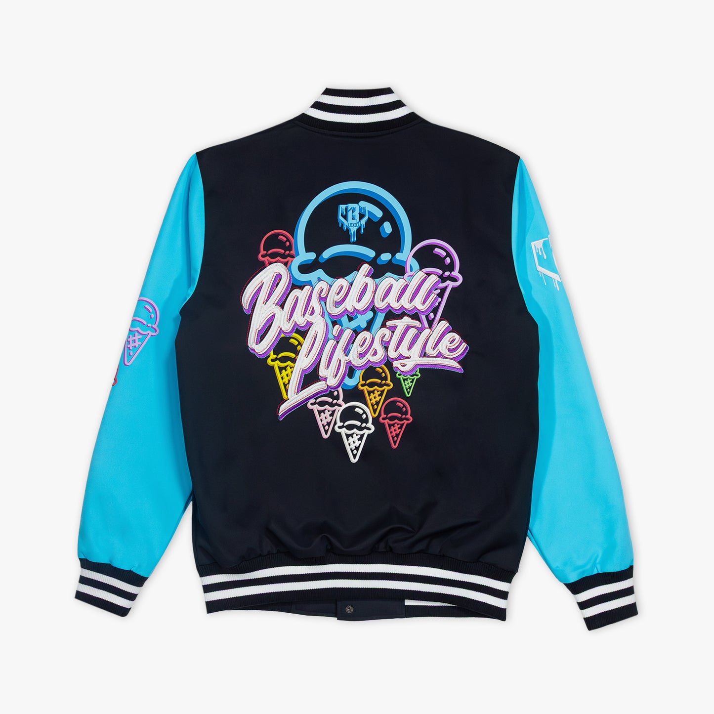 Black and blue jacket with colorful ice cream cones and 'Baseball Lifestyle' text on a white background