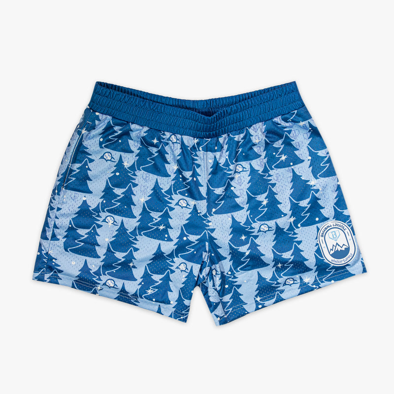 Blue shorts with tree pattern on a white background