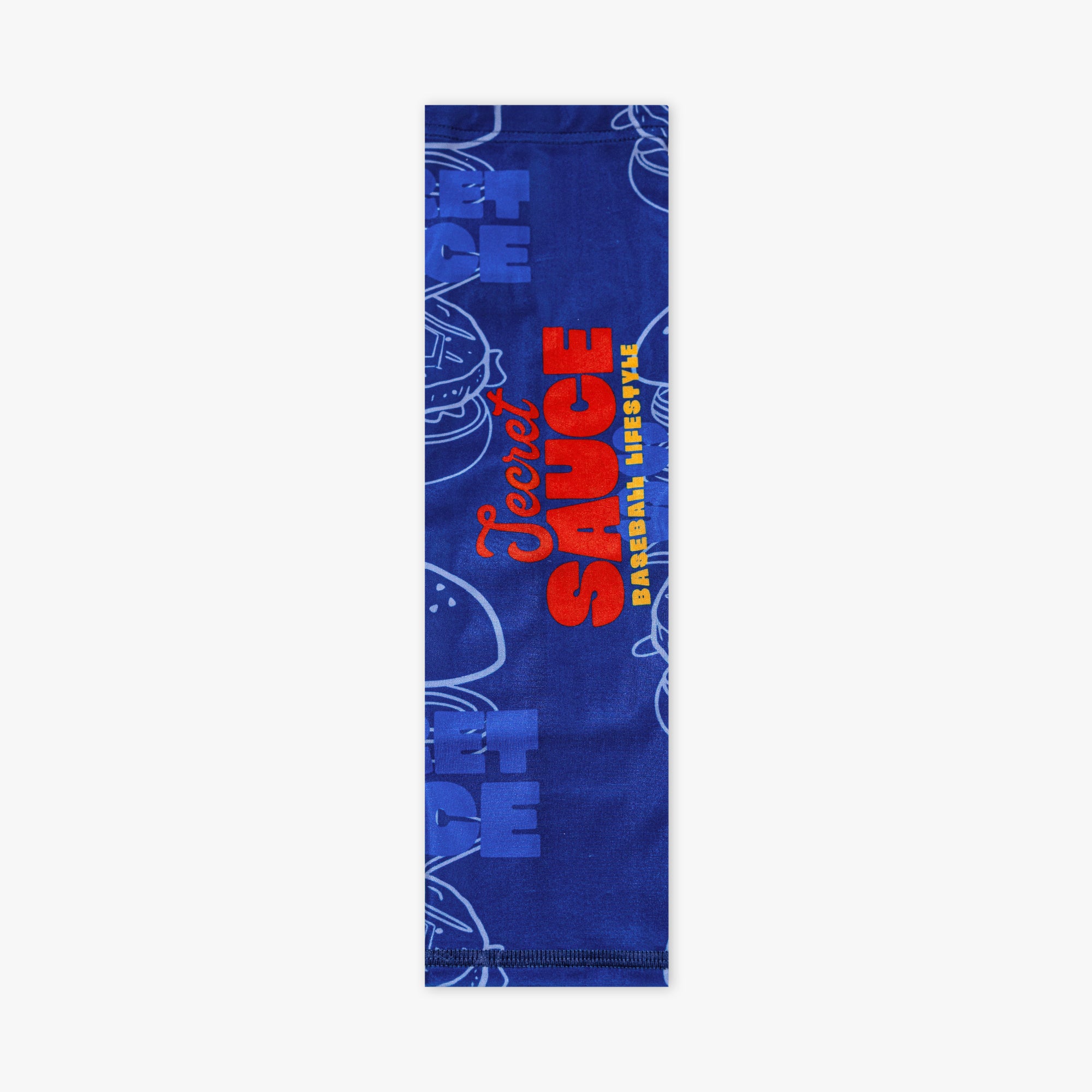 Blue arm sleeve with allover burger line art pattern and Secret Sauce Baseball Lifestyle logo in red and yellow on front on white background