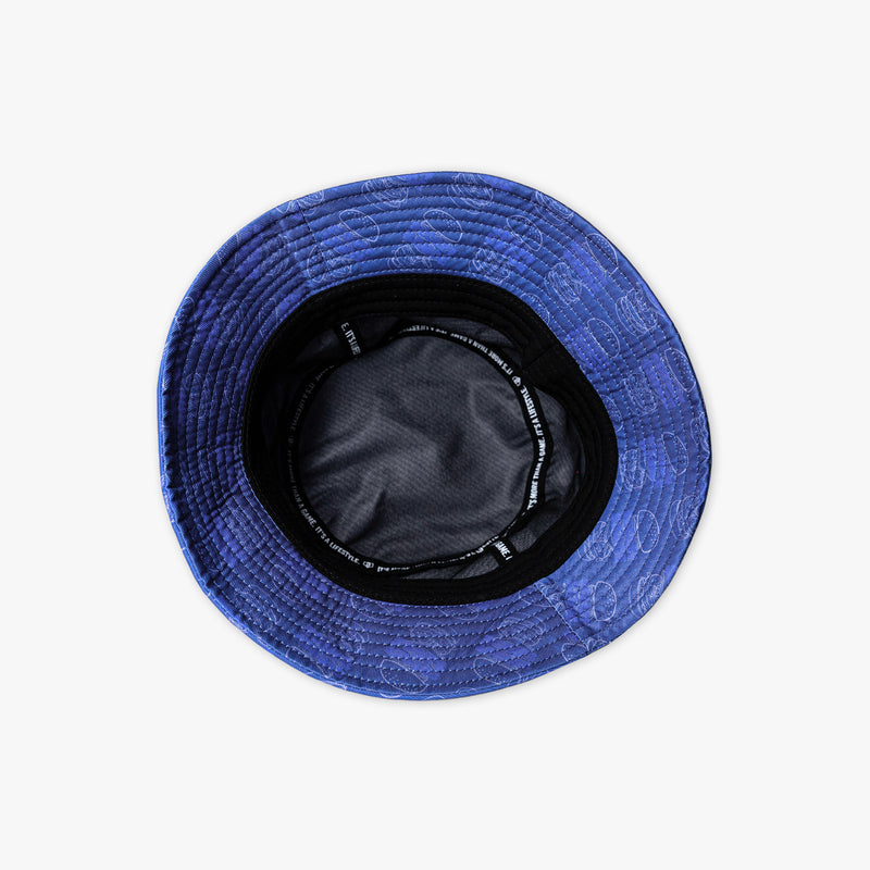 Interior view of blue bucket hat showing black lining
