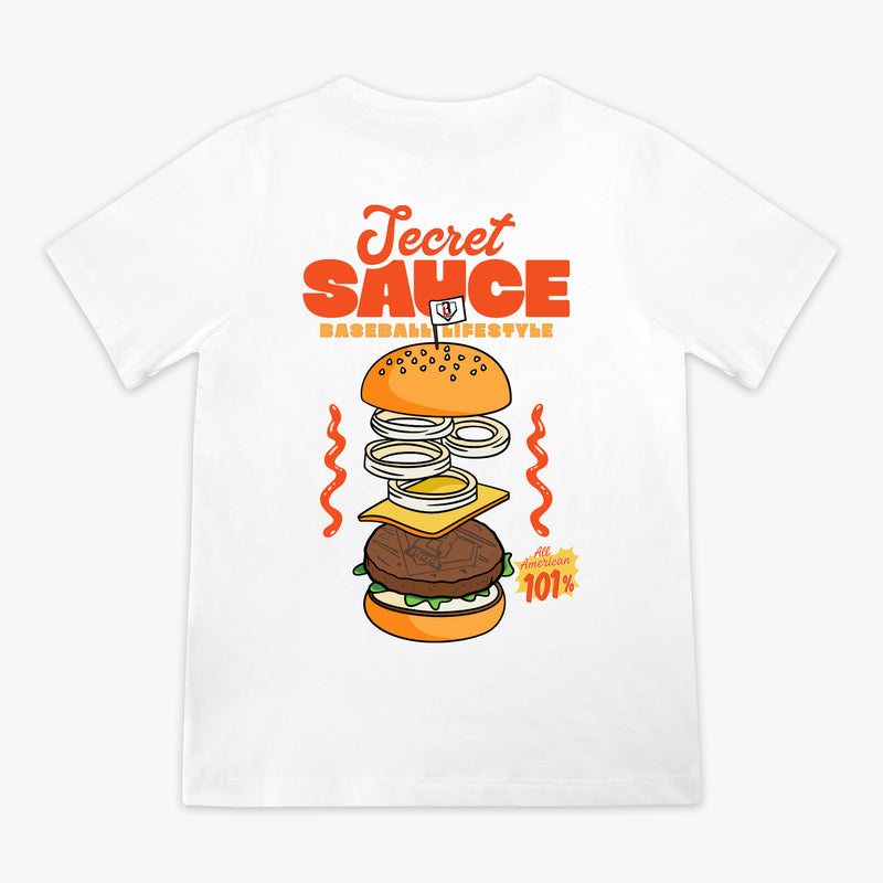White t-shirt with a colorful burger graphic and 'Secret Sauce' text on a white background