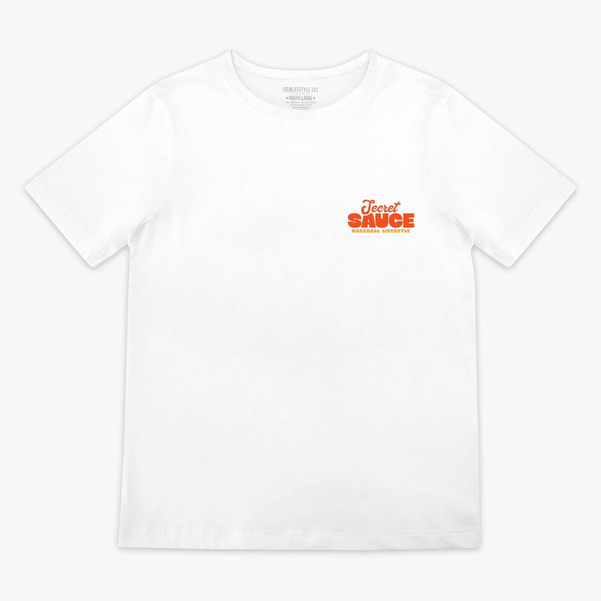 White t-shirt with 'Secret Sauce' text in orange on a white background