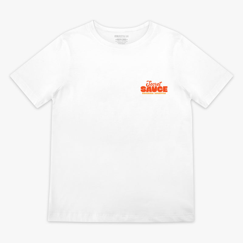 White t-shirt with 'Secret Sauce' text in orange on a white background